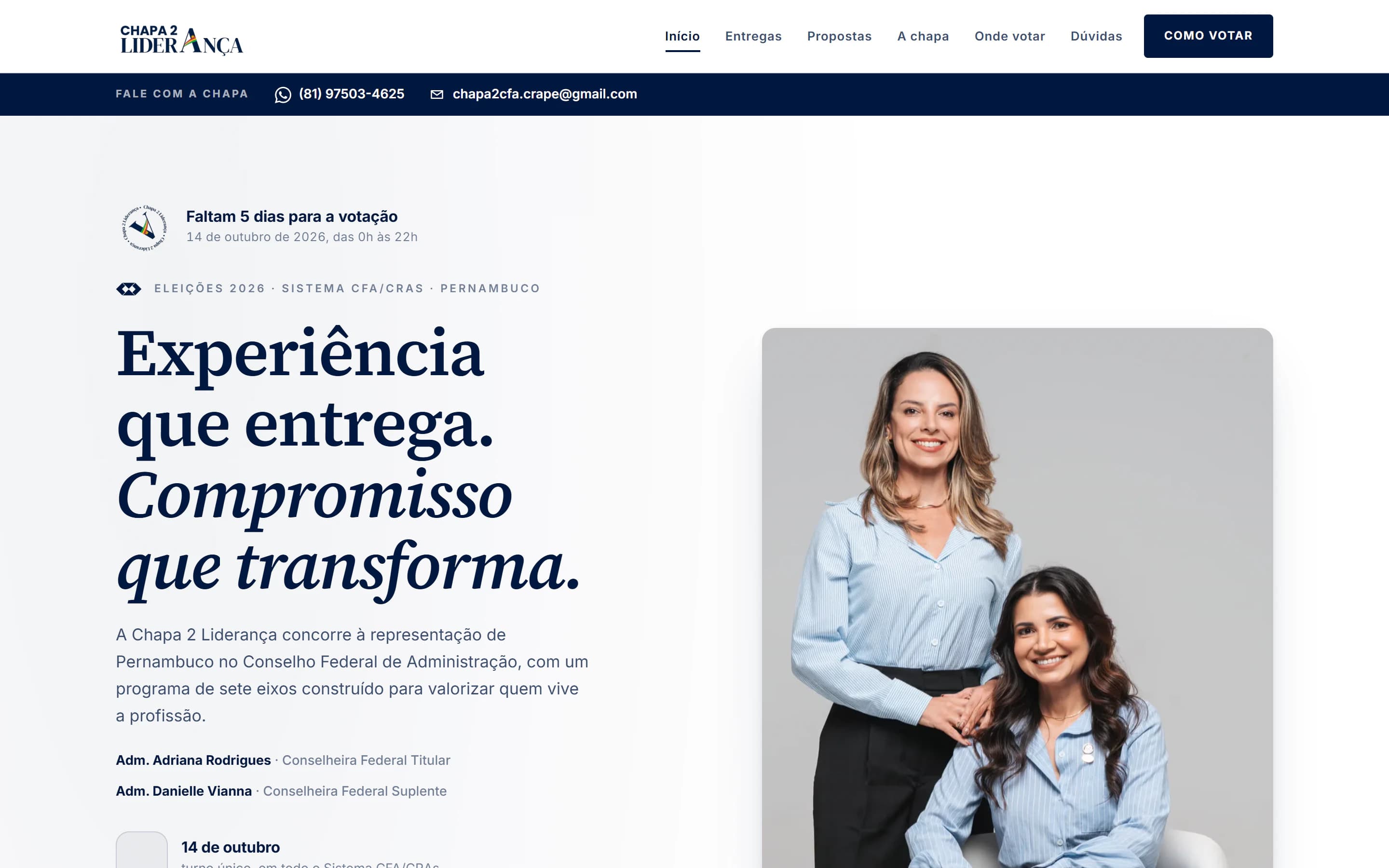 Primeira tela da landing page de Chapa 2 Liderança