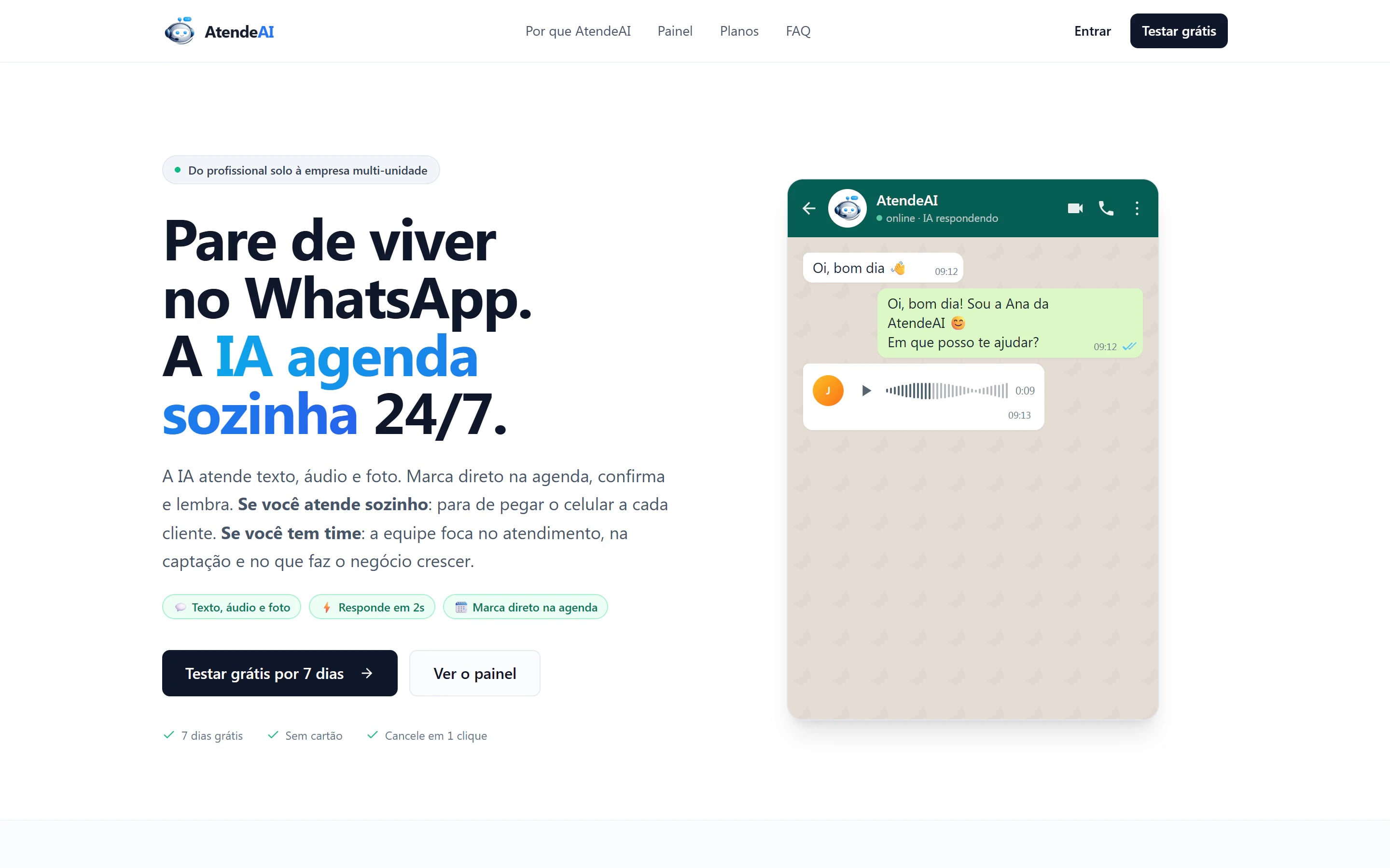 Primeira tela da página de AtendeAI