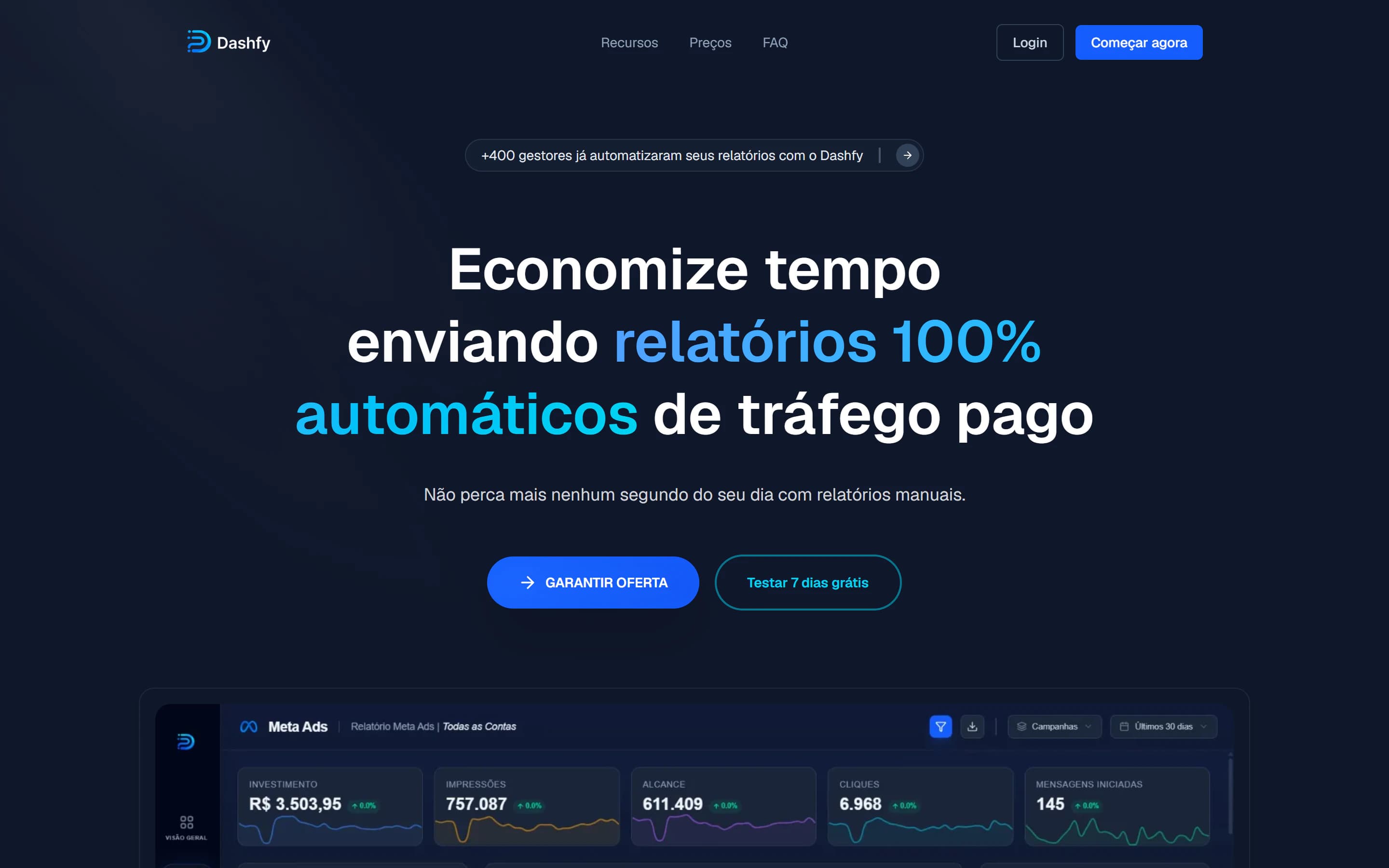 Primeira tela da landing page de Dashfys