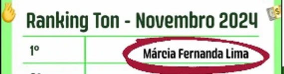 Ranking Ton de novembro de 2024: 1º lugar Márcia Fernanda Lima (Fernanda Tonton), circulado